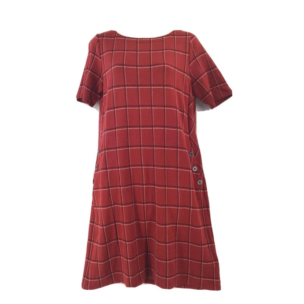 J. Jill Midi Dress Red Ponte Knit Window Pane Plaid Short Sleeve Women Size S